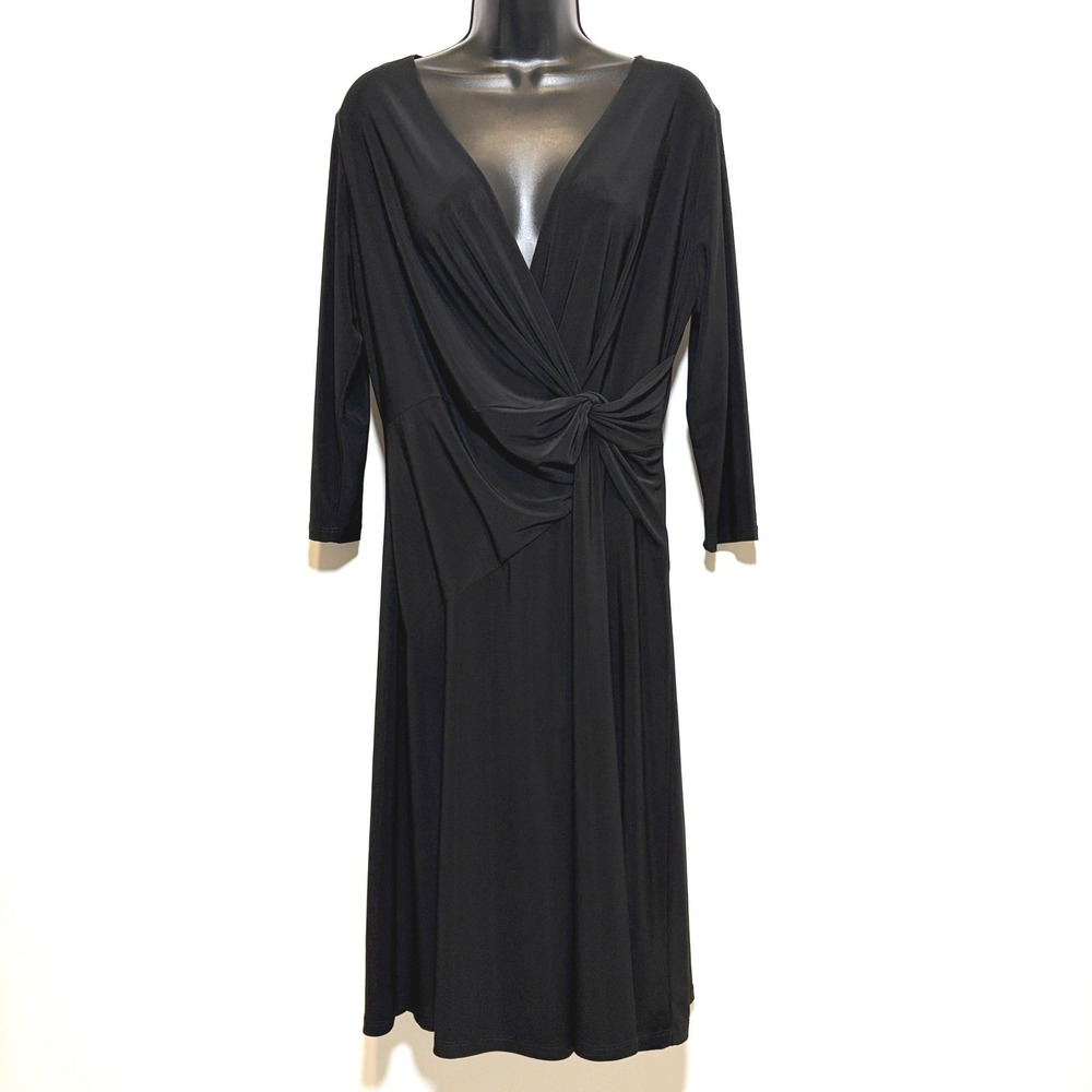 Clara Sunwoo Midi Dress Knot Front V-Neck Large Black